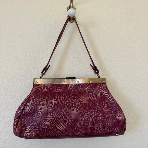 Kisslock Shoulder Bag Tooled Leather Paisley Purple Gold Satchel Boho Whimsygoth - Picture 2 of 9